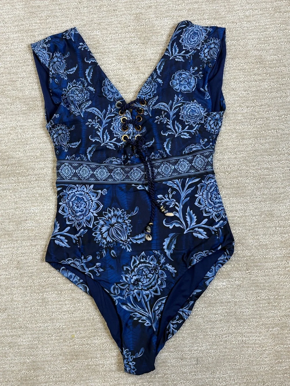 Cosita Linda Floral Paisley One Piece Swimsuit Womens Size Large 36 Blue Lace Up